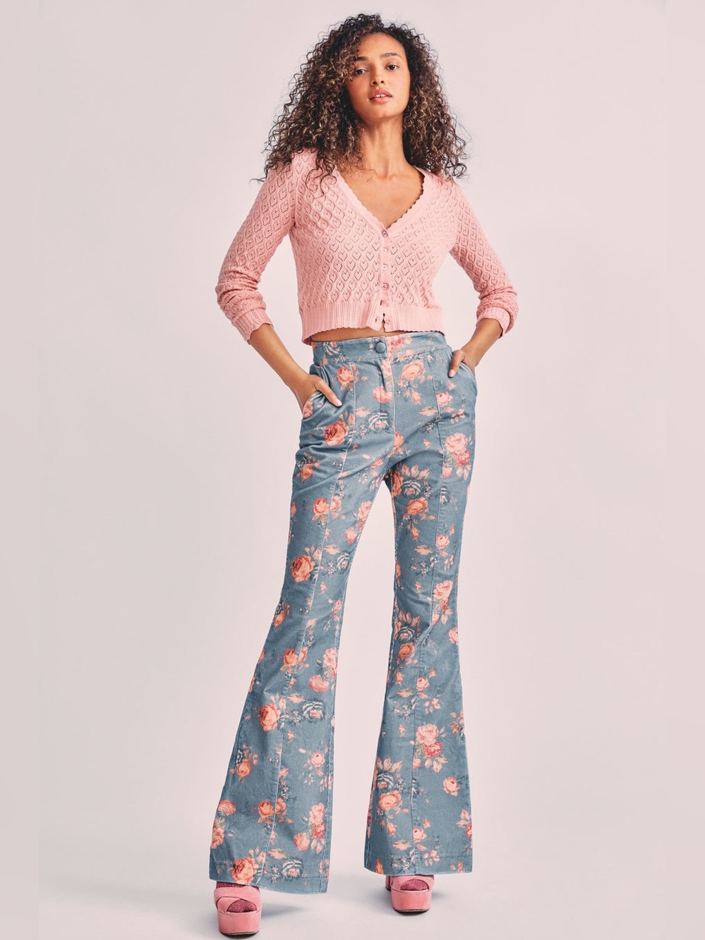 LOVESHACKFANCY Meyerson Flared Pant in Faded Corduroy Floral Size 4